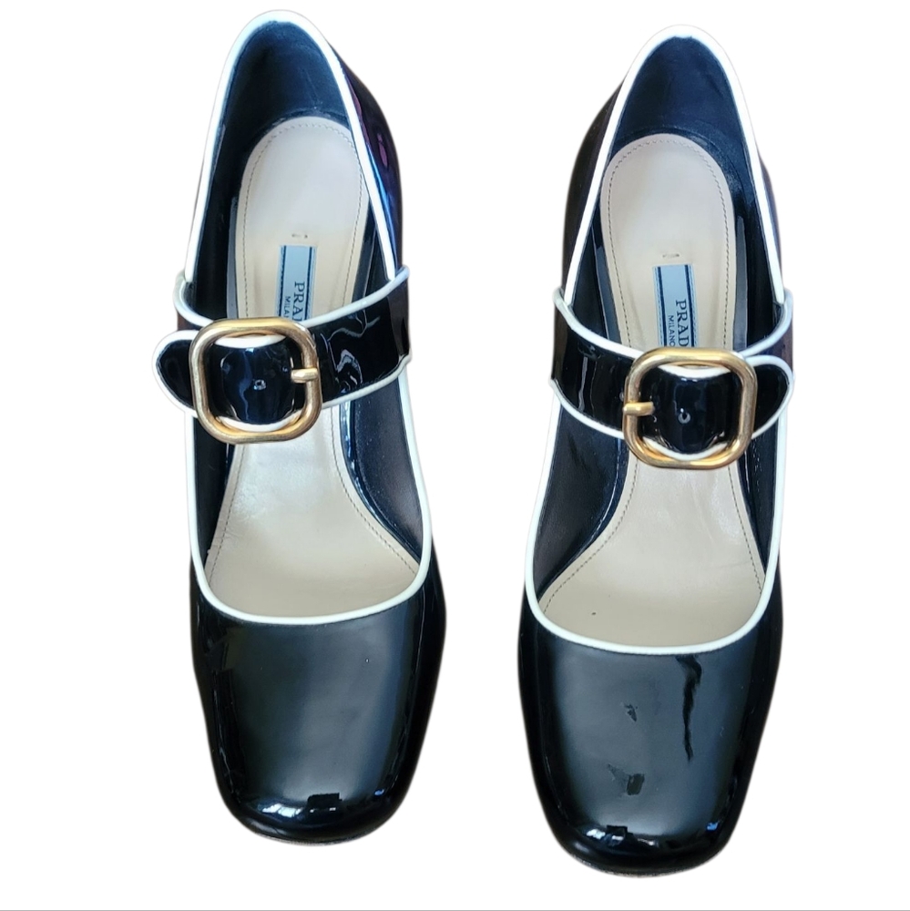 Prada Black Patent Leather Heels with Gold Buckle